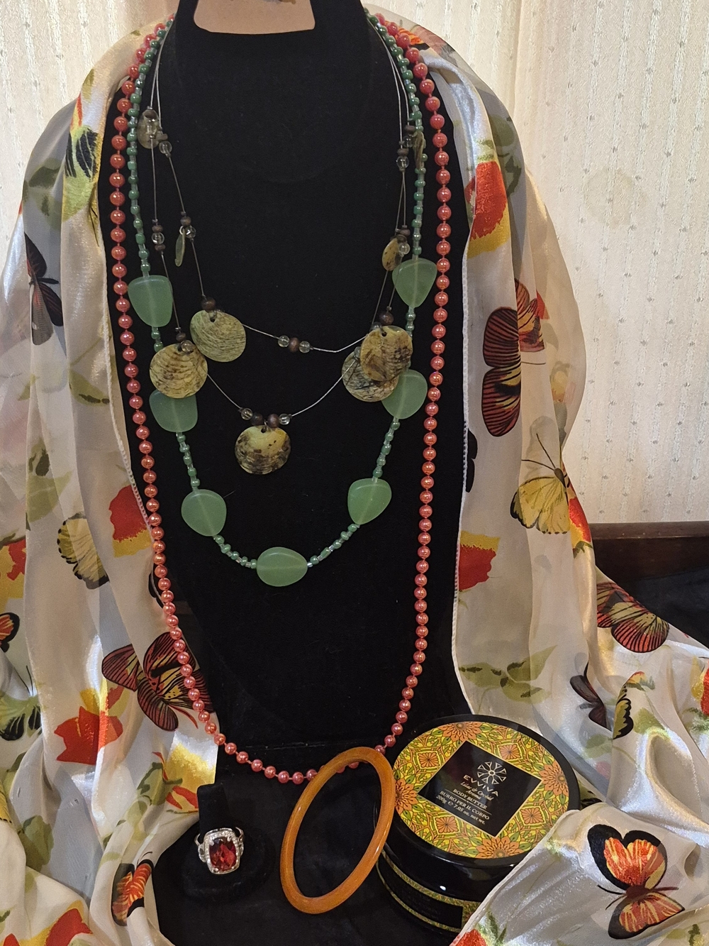 Boho Resort Lot Cejon Scarf Bakelite Bangle 24" Green Stone Necklace Bundle